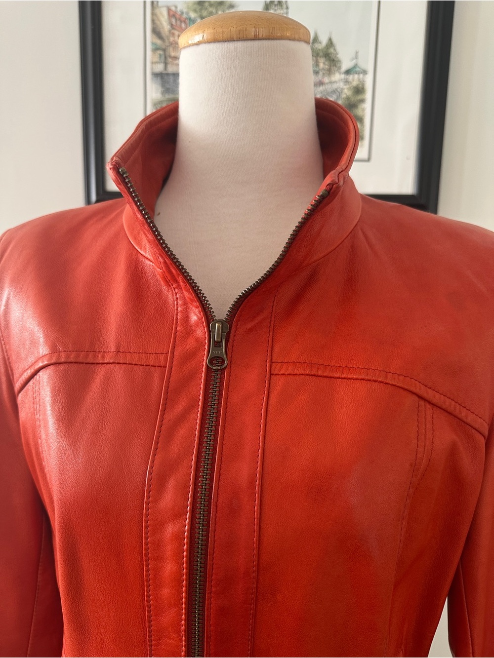 Vintage DANIER Women's Red Orange Italian Leather Zip-Front Moto Jacket -Size S - Picture 6 of 16